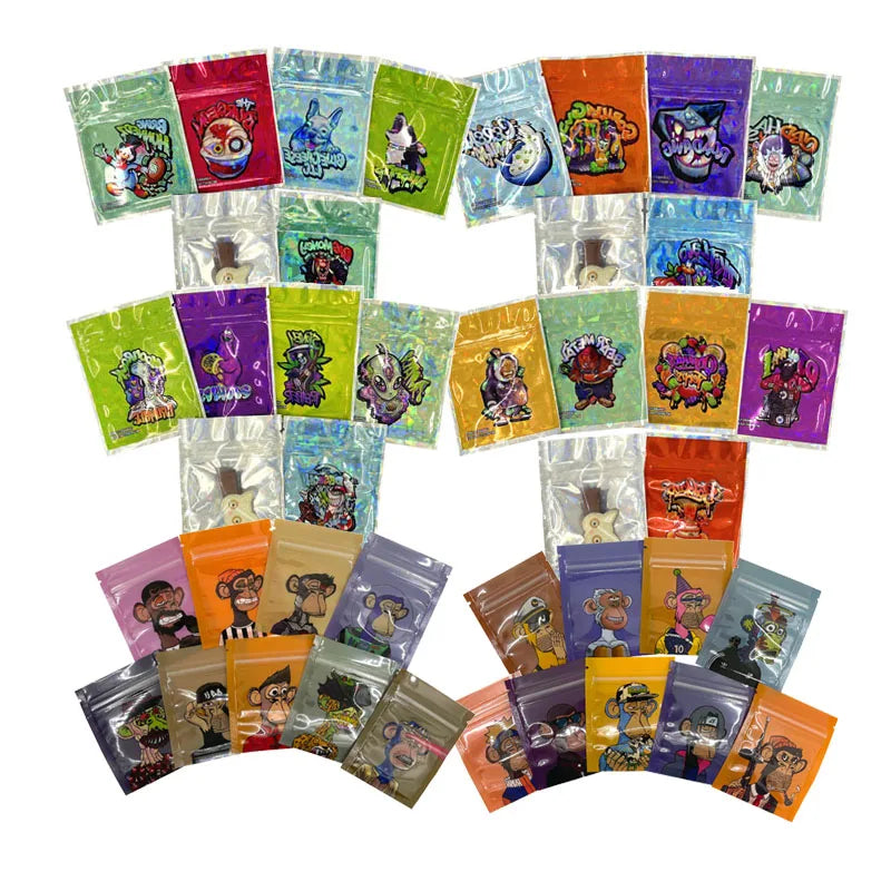 100PCS 7x9CM Laser Holographic Bag Cartoon Aluminum Foil Zip Lock Pouches Candy Cookie Packaging Customized LOGO Storage Bags