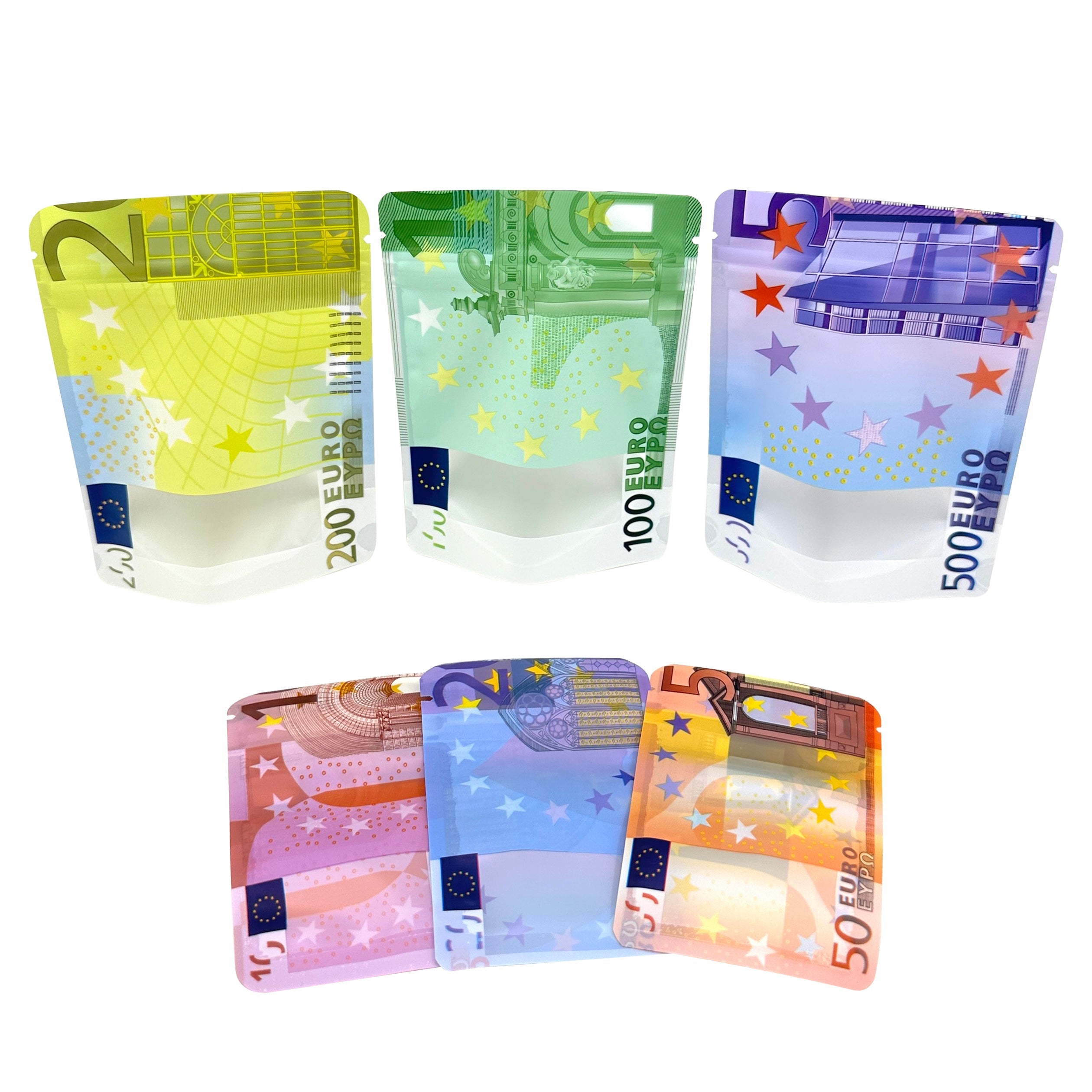 10€ 20€ 50€ 100€ 200€ 500€ Bills Paper Zip lock Bag Small Pouch With Clear Window 1-3.5G Mylar Small Bag Customized Design EURO