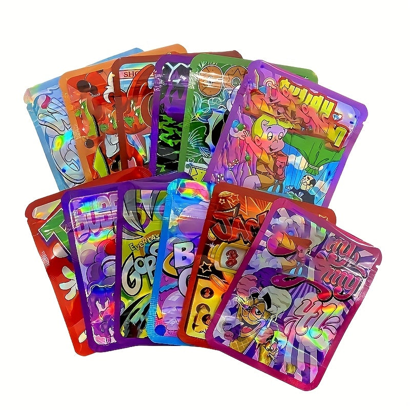 100 Reusable Storage Bags, Laser Holographic 3.5G Shape Zipper Plastic Bag, Myra Bag 3.5G Bag, Resealable Zipper Bag, Candy Bag, Gummy Bag Storage Bag, Consumable Bag, Suitable for, Snacks, Nuts, 10 Types Of Combination Of Random Delivery