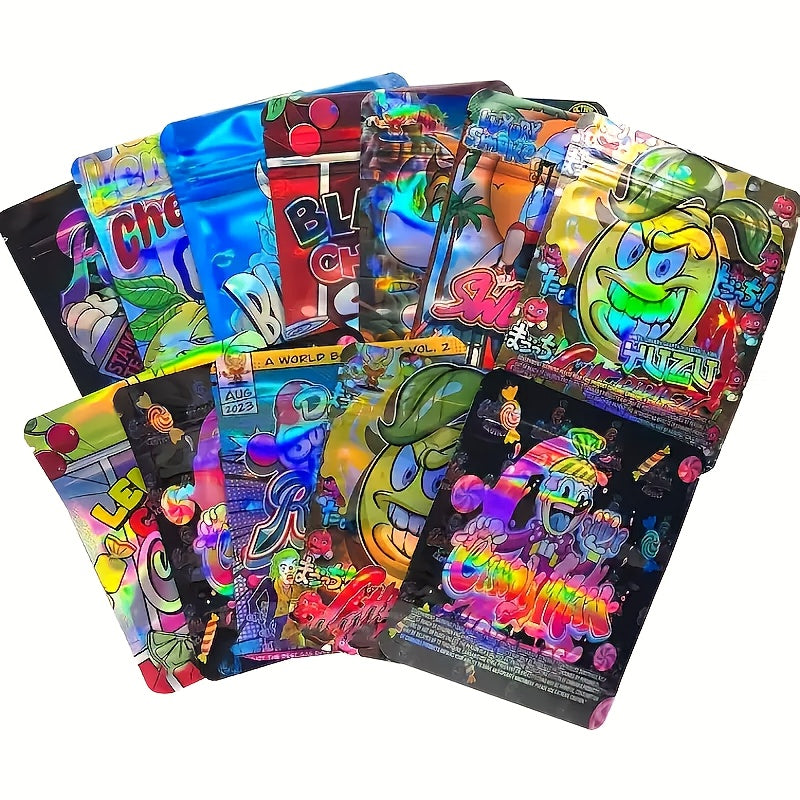 100 Reusable Storage Bags, Laser Holographic 3.5G Shape Zipper Plastic Bag, Myra Bag 3.5G Bag, Resealable Zipper Bag, Candy Bag, Gummy Bag Storage Bag, Consumable Bag, Suitable for, Snacks, Nuts, 10 Types Of Combination Of Random Delivery