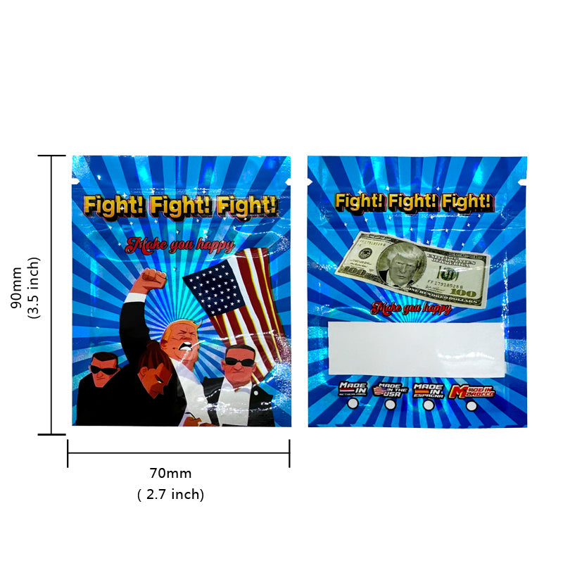 100pcs Mylar Bags Holographic 1-3.5g Zip lock Bag 2024 Party Use Bags Funny Design In Stock Small Pouches,Donald Trump Assassination Make America Great Again Fight Holiday Gift,Trump Shooting Trump 2024 1g-3.5g Gift Bags