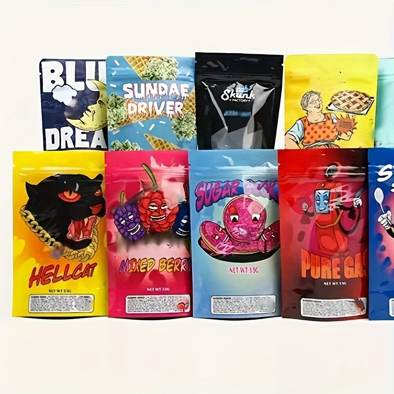 100pcs Polyester Film Bags -3.5g Mylar Bags, Gift Bags, Storage Bags, Plastic Bags, Reusable Zipper Bags, Suitable for Gift Packaging, Candy And Snack Storage And Festival Gift Packaging, Very Suitable for Event Parties, 10 Random Styles Mixed -10