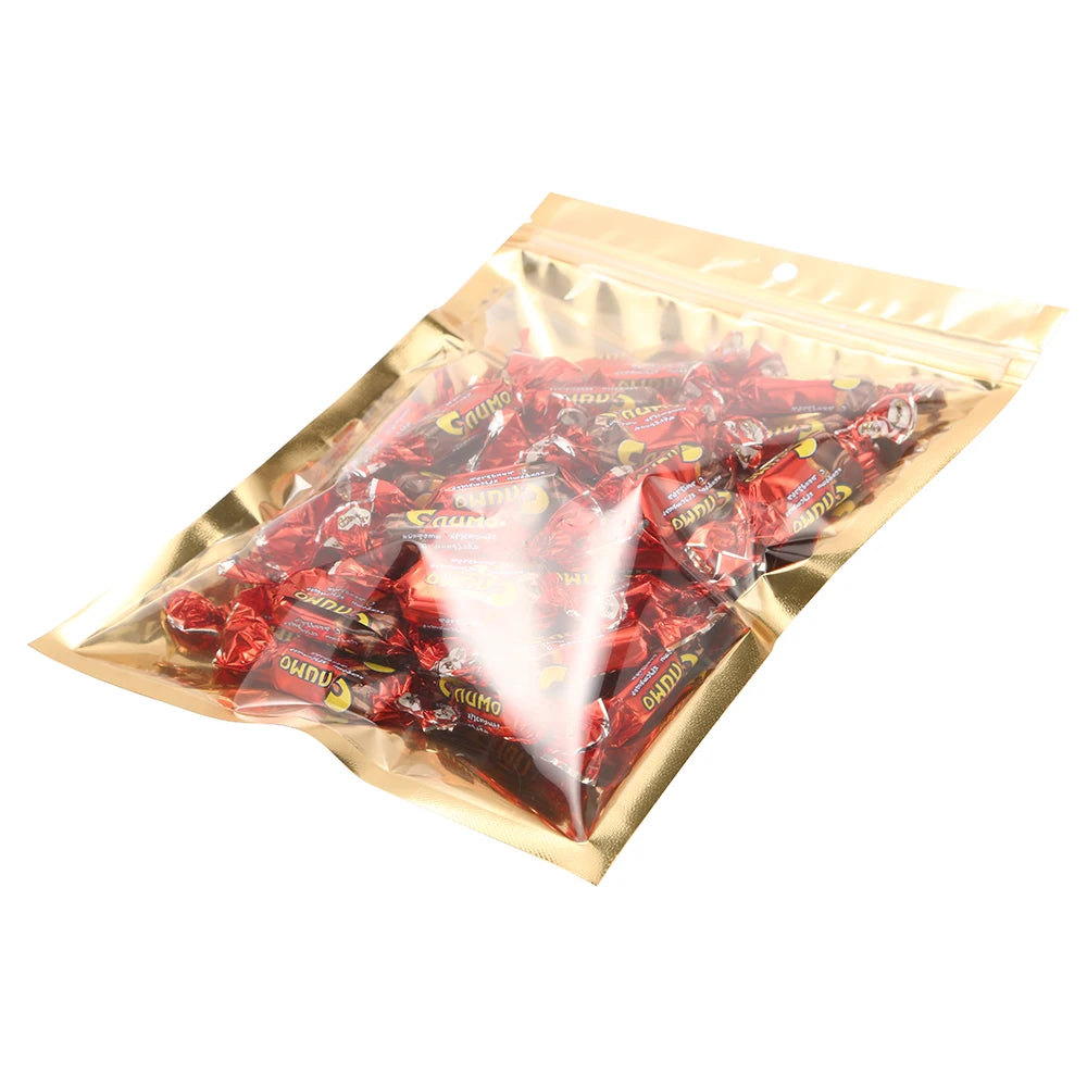 100pcs One Side Transparent Gold Aluminum Foil Zip Lock Bags - Food Grade Zipper Reusable Plastic Pouches Christmas Gift Package