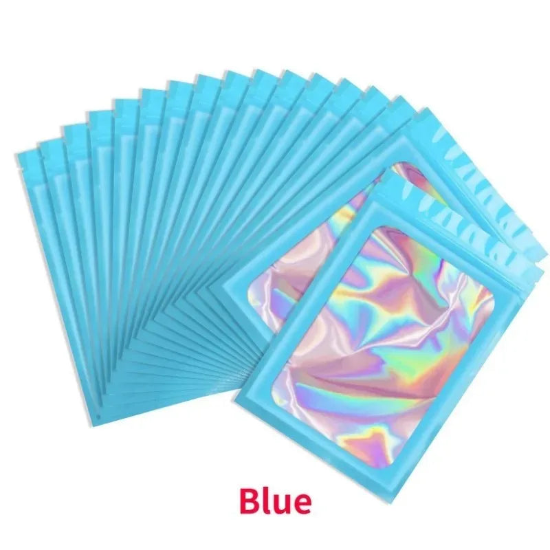 50Pcs Smell Proof Mylar Bags Resealable Odor Proof Bags Earrings Ring Jewelry Phone Case Cosmetic Storage Holographic Packaging