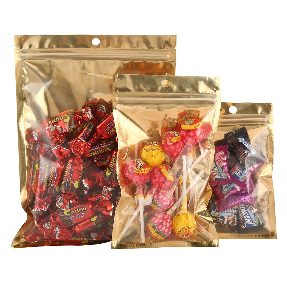 100pcs One Side Transparent Gold Aluminum Foil Zip Lock Bags - Food Grade Zipper Reusable Plastic Pouches Christmas Gift Package