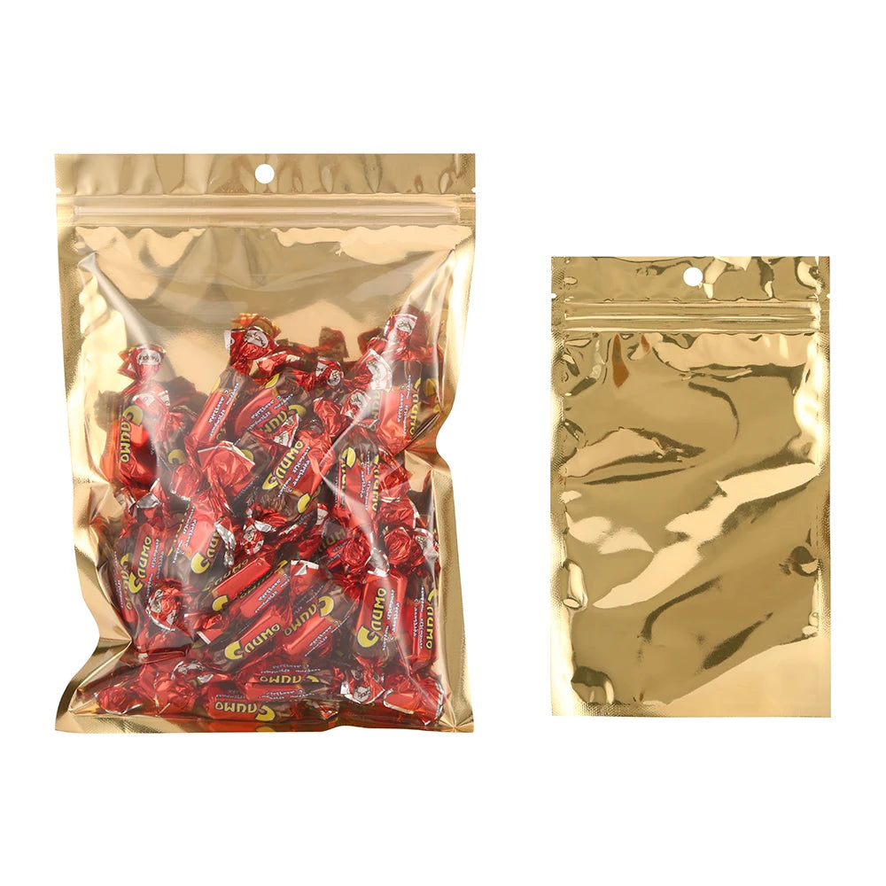 100pcs One Side Transparent Gold Aluminum Foil Zip Lock Bags - Food Grade Zipper Reusable Plastic Pouches Christmas Gift Package