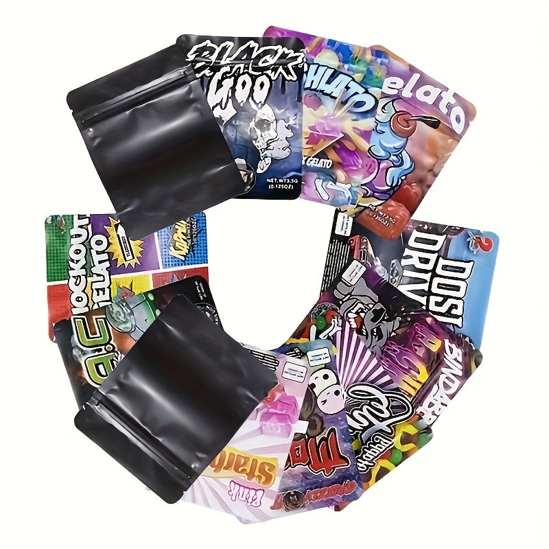 Super Value Bag 100pcs Random 10 Types Of Storage Bags, Laser Holographic 3.5g Shape Self-sealing Plastic Bag, 3.5G Mylar Bag, Sealable Zipper Bag, Candy Bag, Consumable Bag, Suitable for Cookies, Snacks, Nuts, Seeds, Candies