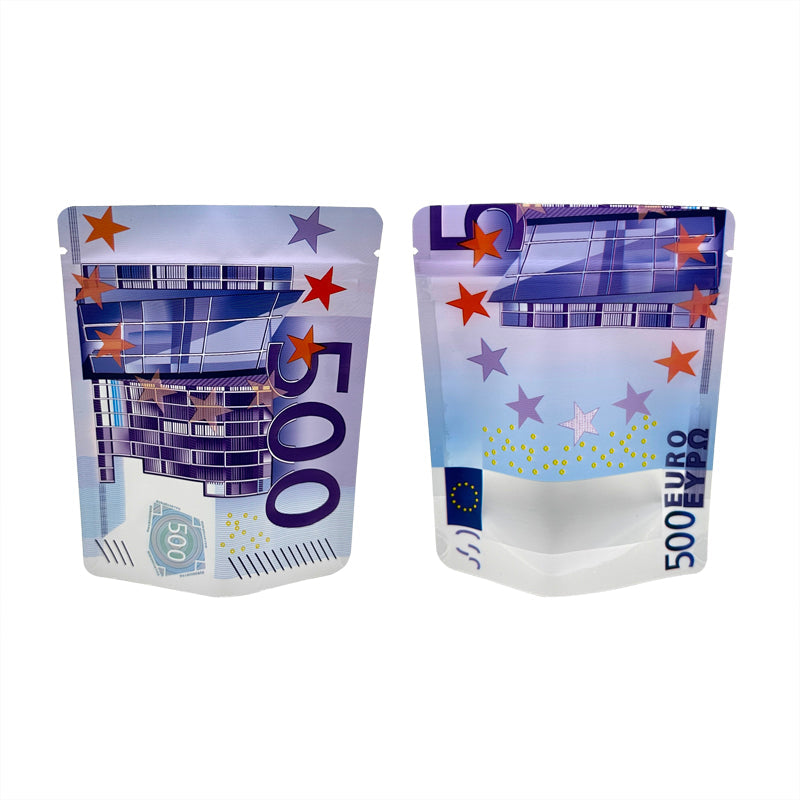 10€ 20€ 50€ 100€ 200€ 500€ Bills Paper Zip lock Bag Small Pouch With Clear Window 1-3.5G Mylar Small Bag Customized Design EURO