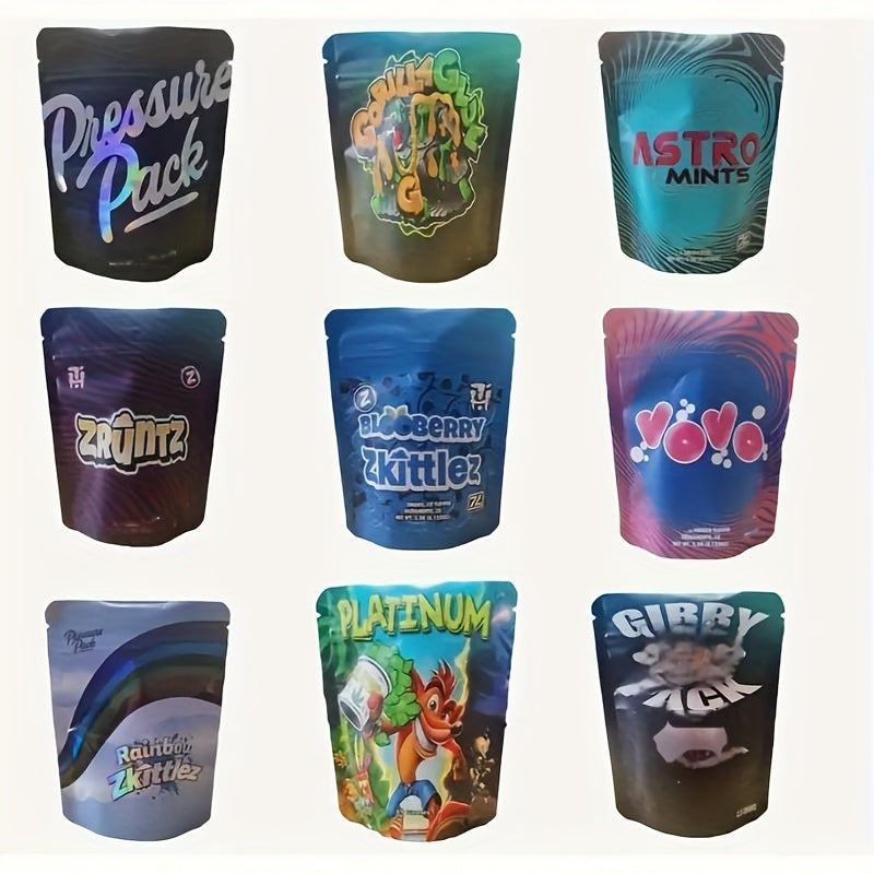 100pcs Polyester Film Bags - 3.5G Mylar Bags, Gift Bags, Storage Bags, Plastic Bags, Reusable Zip Bags, Suitable for Gift Wrapping, Candy Snack Storage, And Holiday Gift Packaging, Perfect for Events And Parties, Mixed with 10 Random Styles - D2