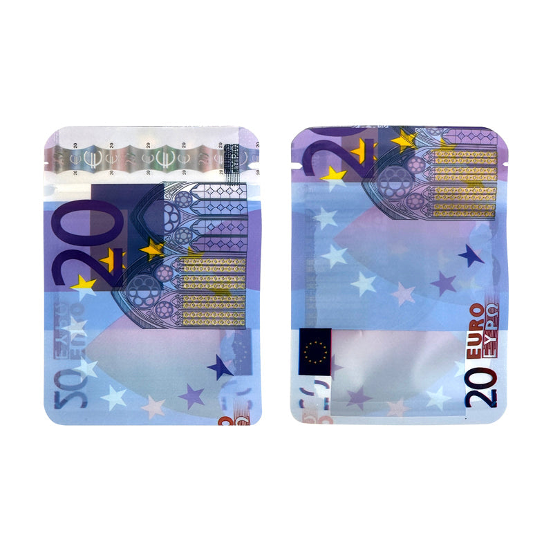 10€ 20€ 50€ 100€ 200€ 500€ Bills Paper Zip lock Bag Small Pouch With Clear Window 1-3.5G Mylar Small Bag Customized Design EURO