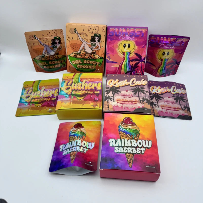 3.5g Hologram Edible Mylar Bag With Box Customized Printed Cardboard Box for Zipper Bags Retail Box for Mylar Bags