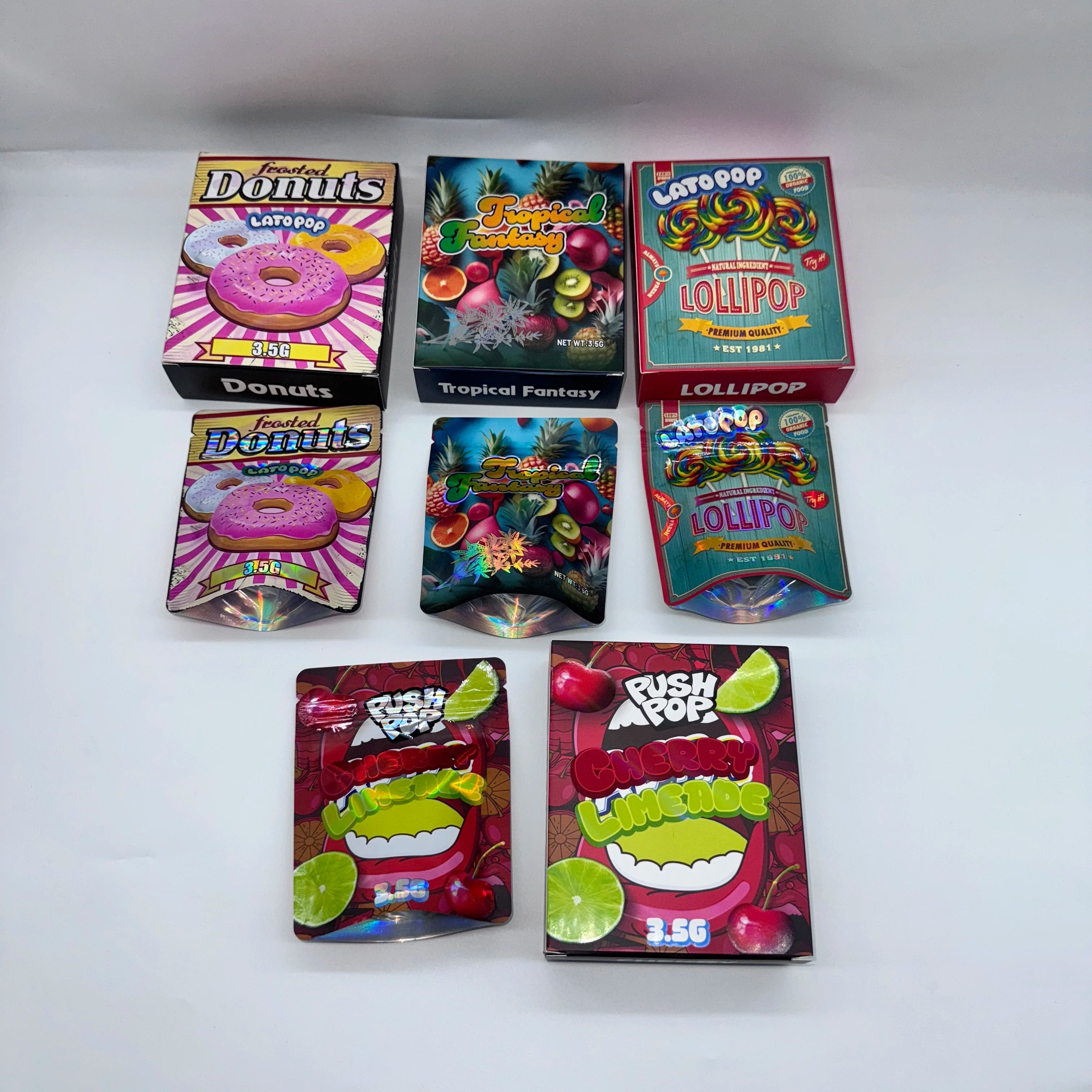 In Stock Digital Printing 3.5g Holographic Mylar Bags With Box Set for Bubblegum Grape Candy Packaging