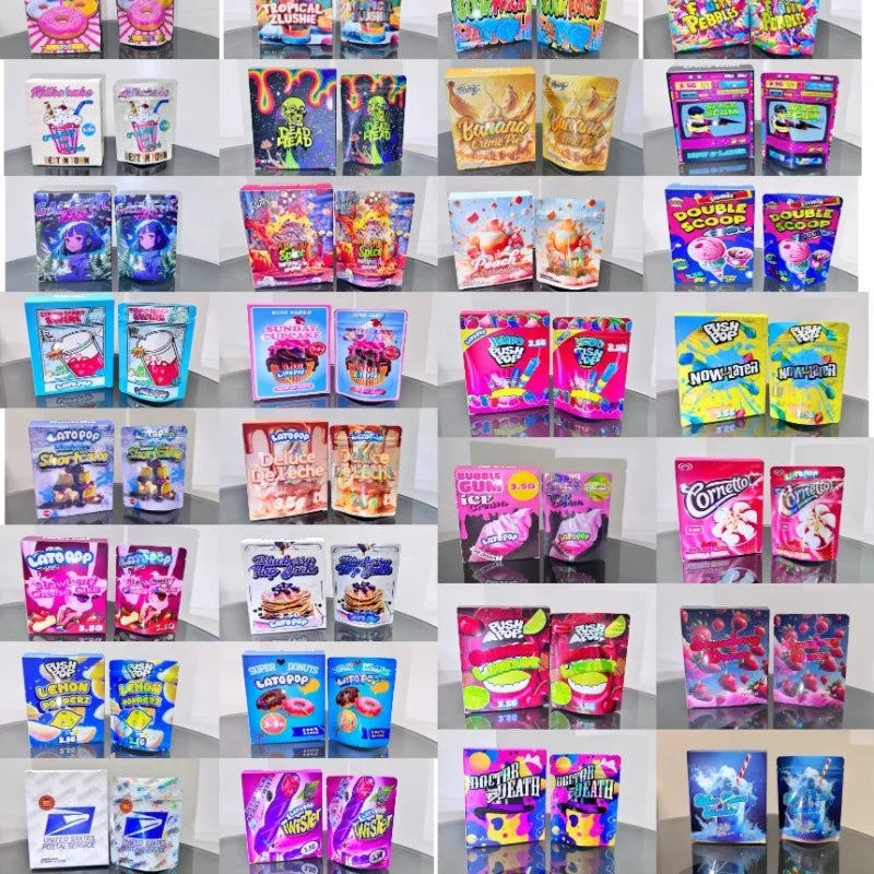 New Design Holographic Exotic Die Cut Zip Lock Mylar Bags with Box Packaging Set