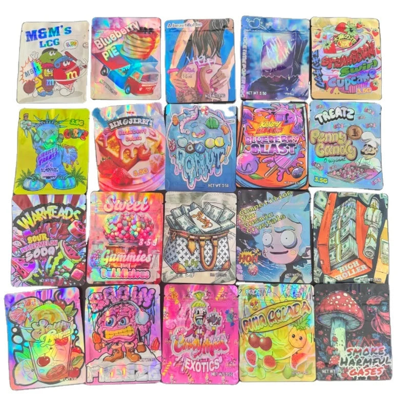 New Design Holographic Exotic Die Cut Zip Lock Mylar Bags with Box Packaging Set