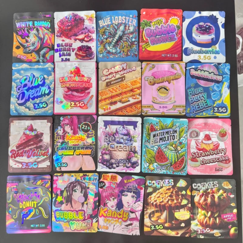 In Stock Custom Holographic Custom Mylar Bags 3.5g Die Cut  Packing Plastic Bags Cookie 1g 2g 3.5g Mylar Bags