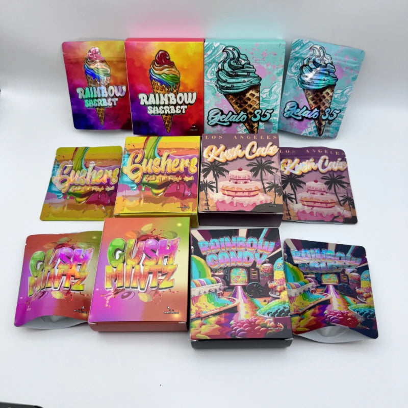 Edible Mylar Bag With Display Boxes Custom Flower Candy Cookie Gummy Packaging Child Resistant 3.5g 7g 14g 28g Cali Bag With Box
