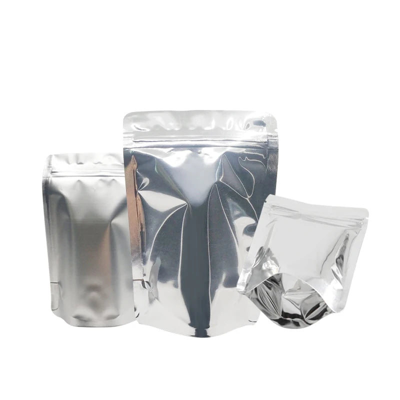 Silver Color Stand Up Zip Lock Foil Bag  Glossy and Matte Silver Food Storage For Snack Reusable 100 Pcs Customized Logo