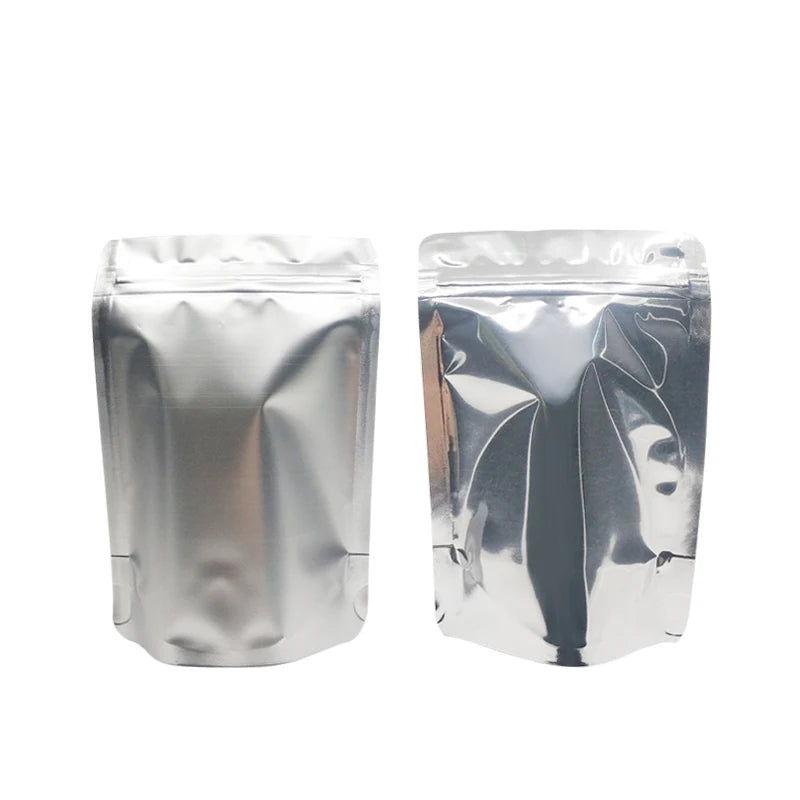 Silver Color Stand Up Zip Lock Foil Bag  Glossy and Matte Silver Food Storage For Snack Reusable 100 Pcs Customized Logo