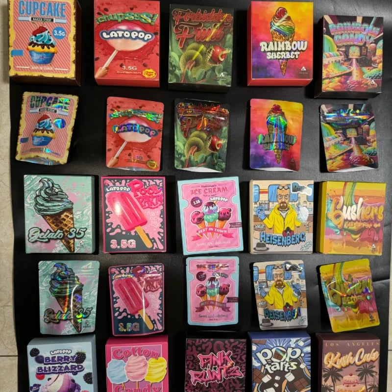 Custom Print Smell Proof Mylar Bags with Boxes 3.5g Box Packaging Holograph 7g 8th Box Cali Die Cut Mylar Bag