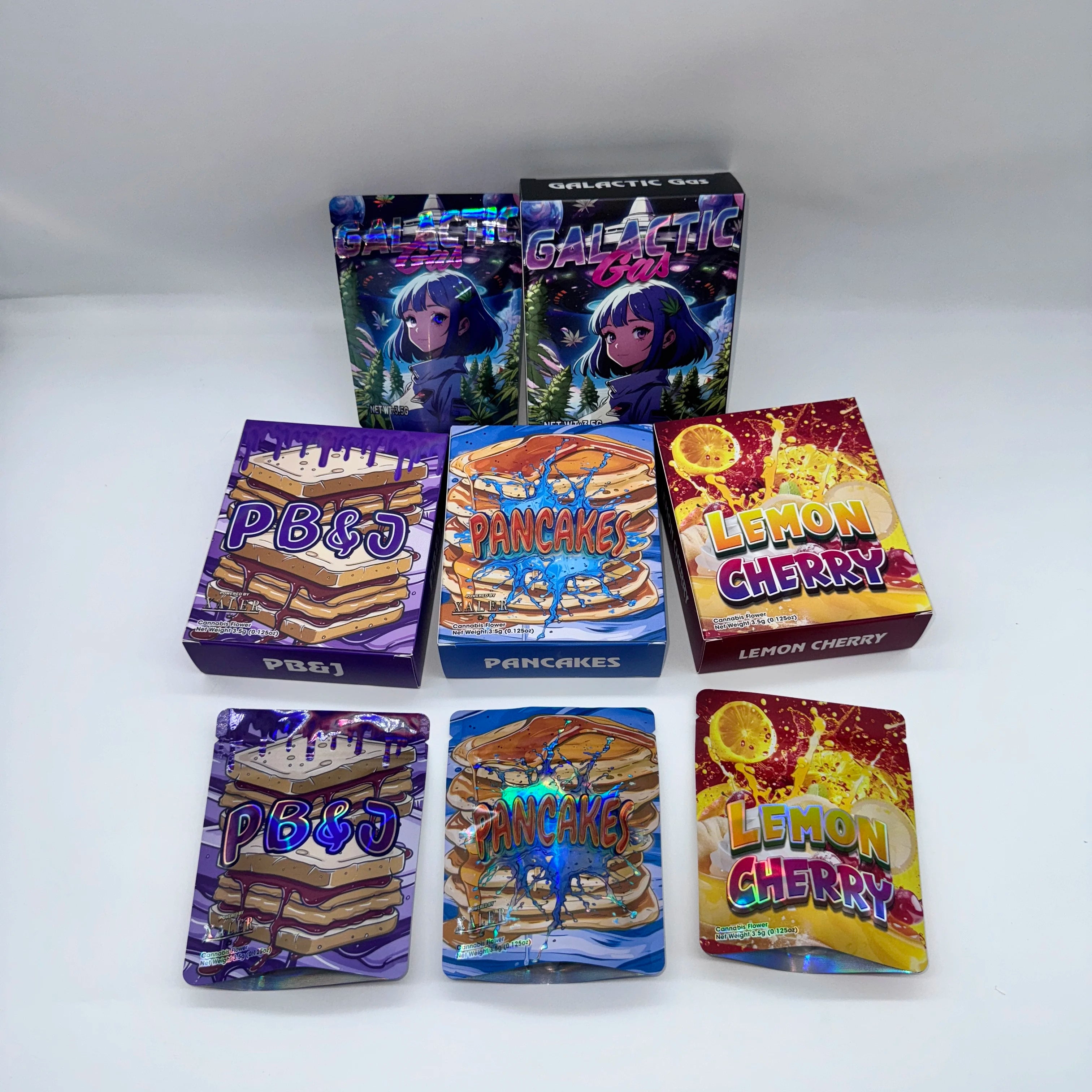 Custom Printed Boxes for 3.5g 7g 14g 28g Edible Die Cut Mylar Bags COMBO with 3.5g Flower Cereal Boxes
