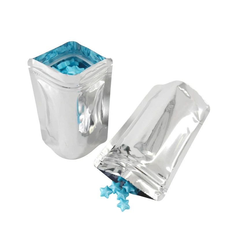 Silver Color Stand Up Zip Lock Foil Bag  Glossy and Matte Silver Food Storage For Snack Reusable 100 Pcs Customized Logo
