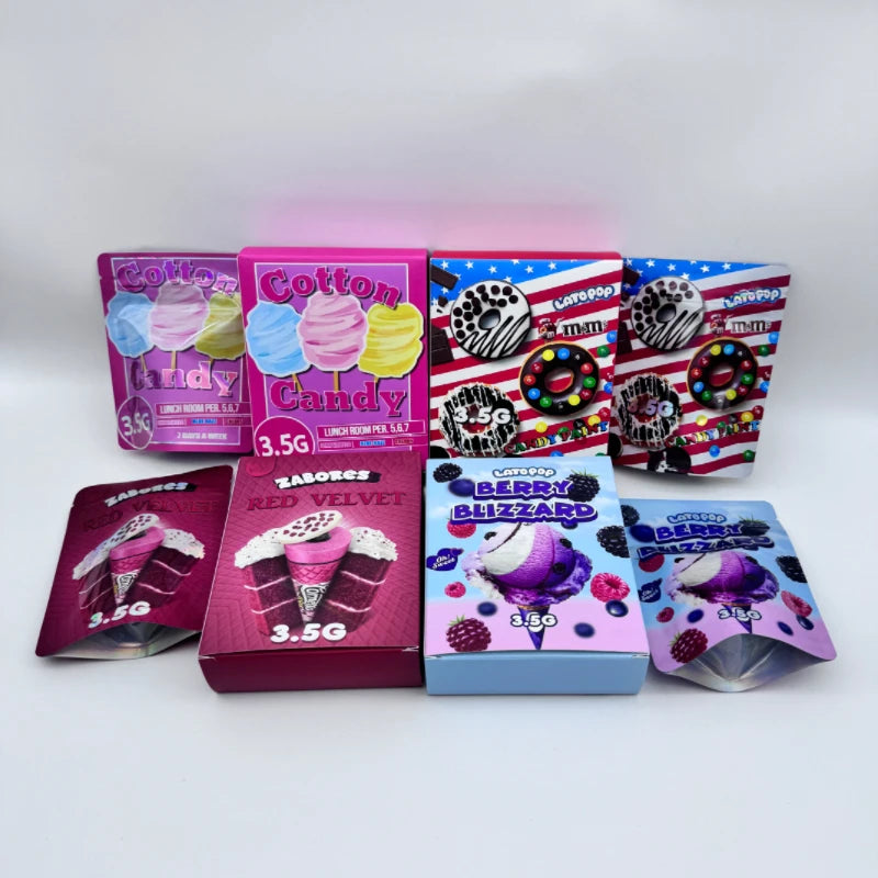 Custom Logo Printed 3.5g 7g Dessert Snack Resealable Zipper Cali Pack Box Glossy Holographic Shape Mylar Bag in Box With Design