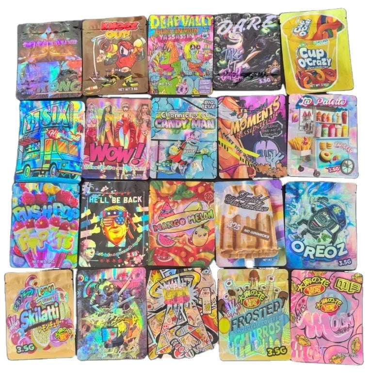 New Design Holographic Exotic Die Cut Zip Lock Mylar Bags with Box Packaging Set