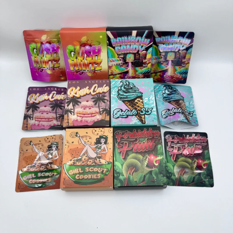 Custom Printed Cardboard Paper Boxes for 3.5g 7g 14g 28g Edible Die Cut Mylar Bags with 3.5g Flower Cereal Boxes
