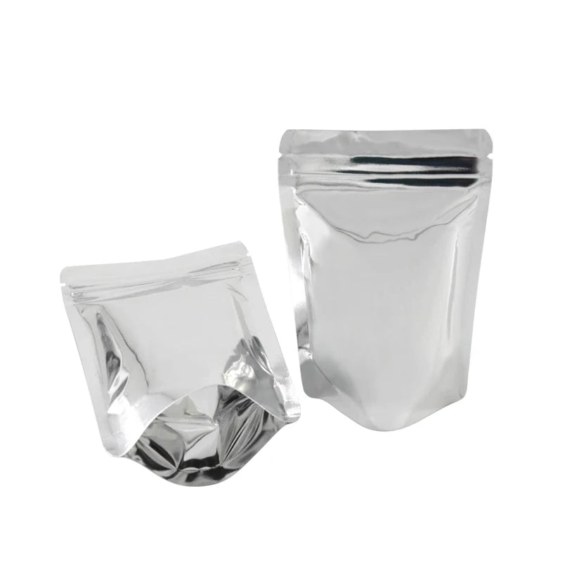 Silver Color Stand Up Zip Lock Foil Bag  Glossy and Matte Silver Food Storage For Snack Reusable 100 Pcs Customized Logo