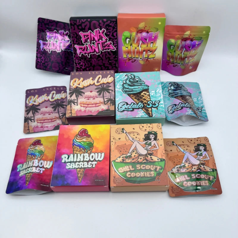3.5g Hologram Edible Mylar Bag With Box Customized Printed Cardboard Box for Zipper Bags Retail Box for Mylar Bags