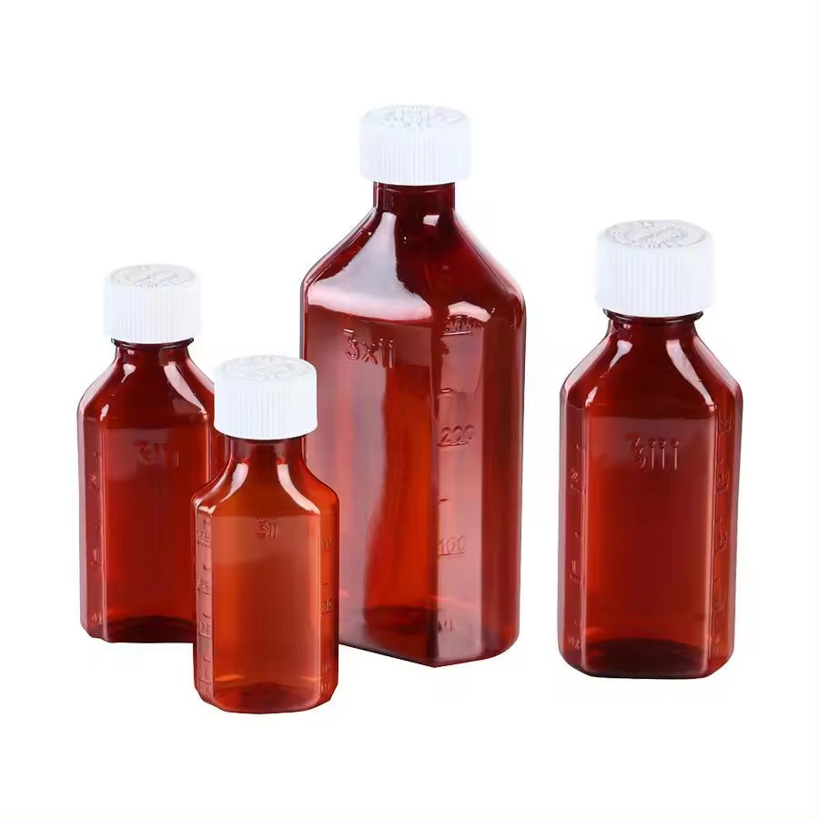 PE plastic food liquid bottle with graduated brown health care product oral liquid bottle, can be customized brown syrup bottle