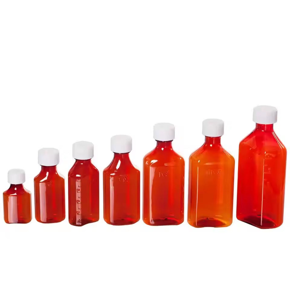 PE plastic food liquid bottle with graduated brown health care product oral liquid bottle, can be customized brown syrup bottle