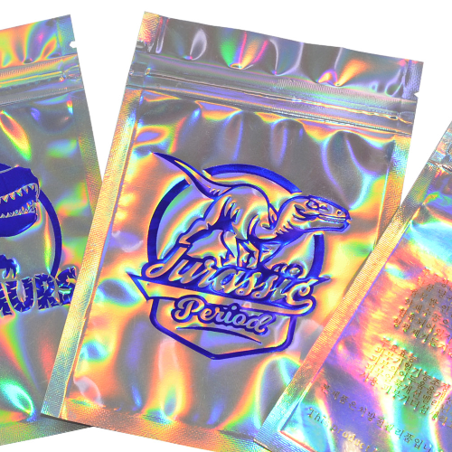 100 PCS  Hot Stamping Bag embossed Logo Hologram Aluminum Foil Zip lock Bags Glitter Laser Plastic Mylar Pouch Food Storage Bags