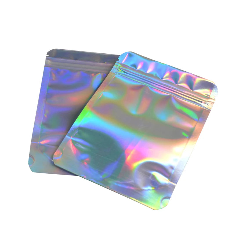 One Side Clear One Side Laser Rainbow PET Pouches Stand Up Zip lock Bags Food Storage  For Cosmetic Gorgeous Packaging 100 Pcs