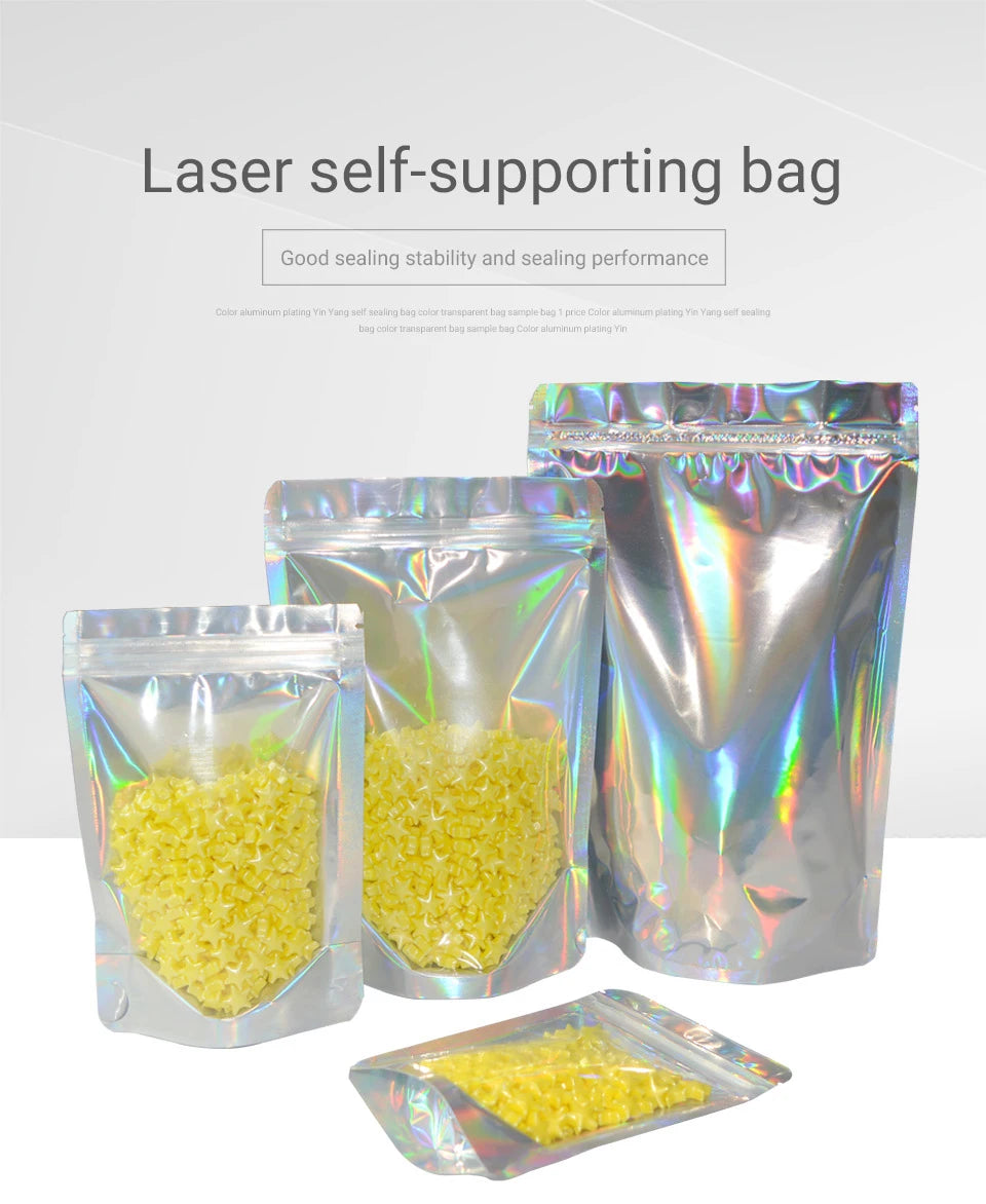 One Side Clear One Side Laser Rainbow PET Pouches Stand Up Zip lock Bags Food Storage  For Cosmetic Gorgeous Packaging 100 Pcs