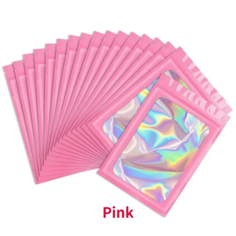 50Pcs Smell Proof Mylar Bags Resealable Odor Proof Bags Earrings Ring Jewelry Phone Case Cosmetic Storage Holographic Packaging