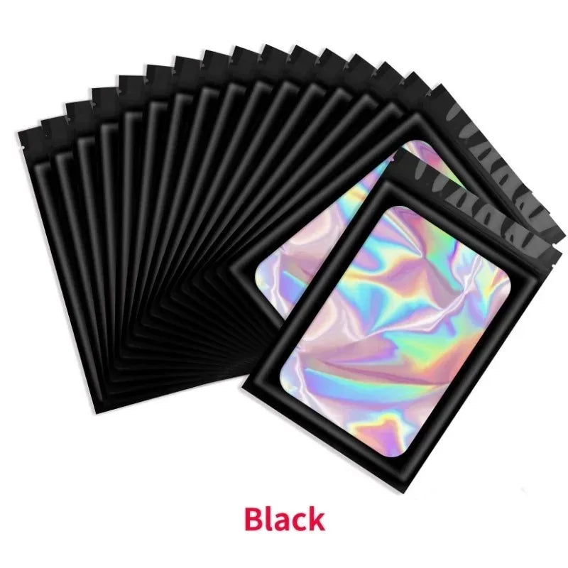 50Pcs Smell Proof Mylar Bags Resealable Odor Proof Bags Earrings Ring Jewelry Phone Case Cosmetic Storage Holographic Packaging