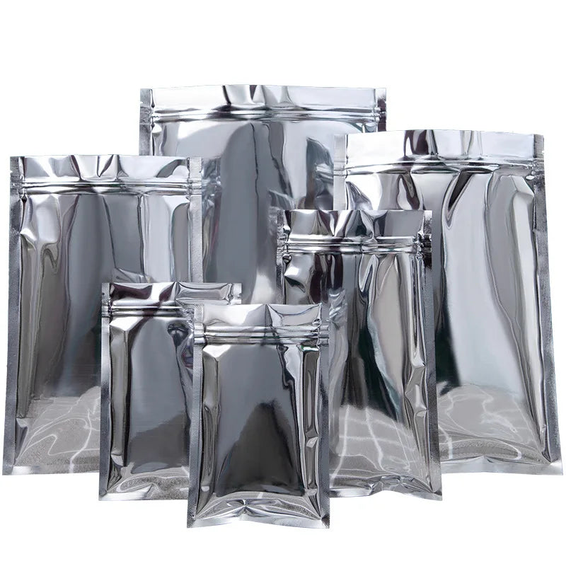 1000Pcs Aluminum Foil Ziplock Bags Food Grade / Silver Aluminized Mylar Self Sealing Pouch T-shirt Package Bag Zipper Reopenable