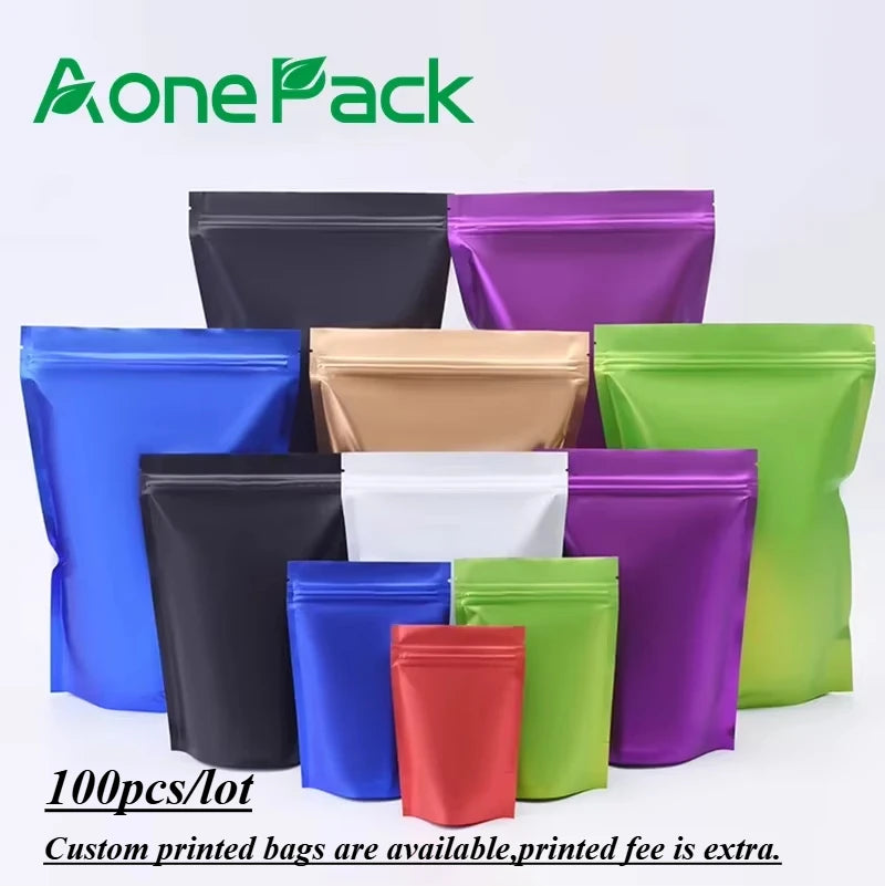 100pcs Heat Resistance Plastic Sealable Aluminum Foil Stand Up Food Goods Custom Tea Packaging Closure Mylar Storage Bags