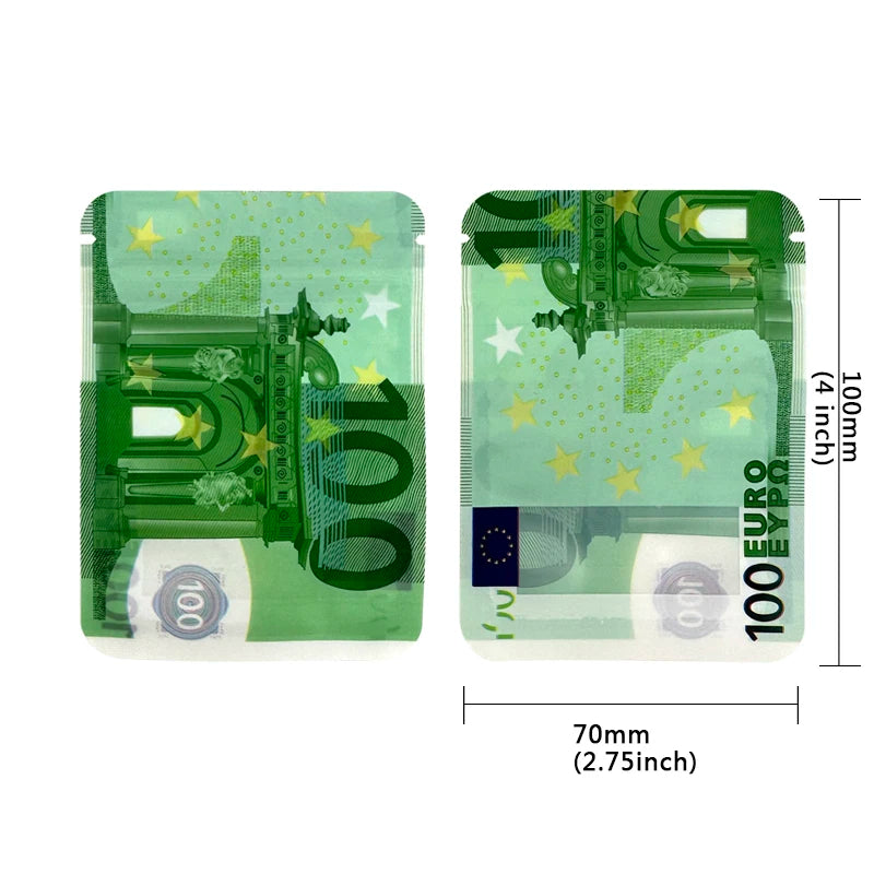 10€ 20€ 50€ 100€ 200€ 500€ Bills Paper Zip lock Bag Small Pouch With Clear Window 1-3.5G Mylar Small Bag Customized Design EURO
