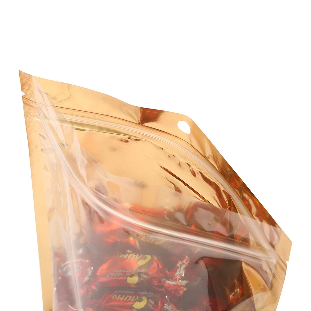 100pcs One Side Transparent Gold Aluminum Foil Zip Lock Bags - Food Grade Zipper Reusable Plastic Pouches Christmas Gift Package