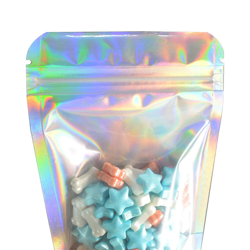 One Side Clear One Side Laser Rainbow PET Pouches Stand Up Zip lock Bags Food Storage  For Cosmetic Gorgeous Packaging 100 Pcs
