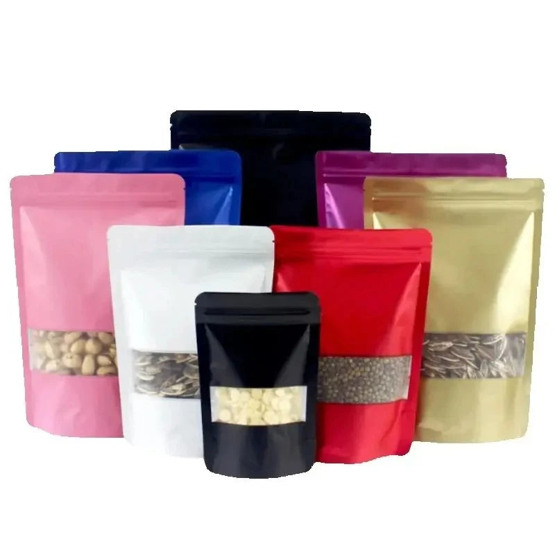 50PCS Stand-up Matte Aluminum Foil Frosted Window Ziplock Bag DIY Matcha Coffee Powder Snack Sugar Beans Pet Food Pack Pouches