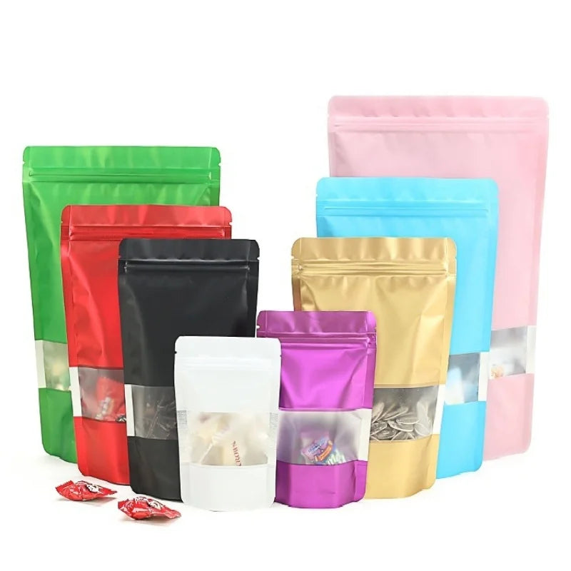 50PCS Stand-up Matte Aluminum Foil Frosted Window Ziplock Bag DIY Matcha Coffee Powder Snack Sugar Beans Pet Food Pack Pouches