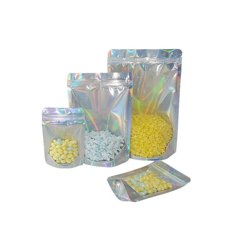 One Side Clear One Side Laser Rainbow PET Pouches Stand Up Zip lock Bags Food Storage  For Cosmetic Gorgeous Packaging 100 Pcs