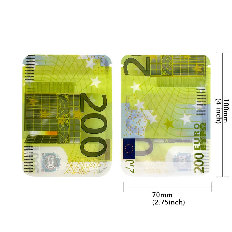 10€ 20€ 50€ 100€ 200€ 500€ Bills Paper Zip lock Bag Small Pouch With Clear Window 1-3.5G Mylar Small Bag Customized Design EURO