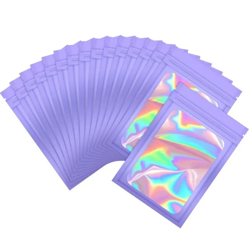 50Pcs Smell Proof Mylar Bags Resealable Odor Proof Bags Earrings Ring Jewelry Phone Case Cosmetic Storage Holographic Packaging