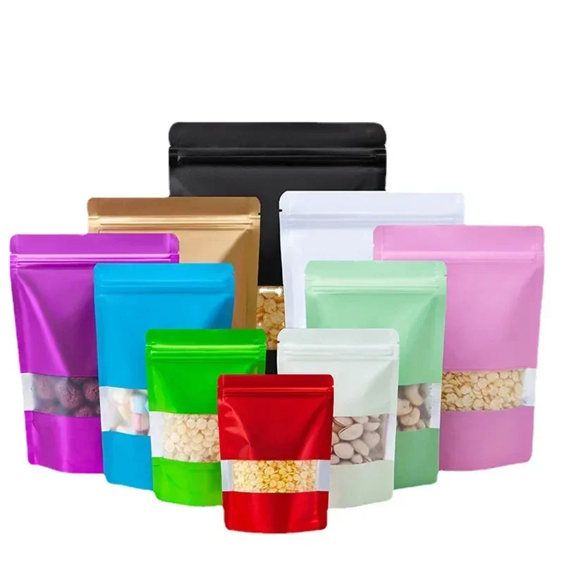 100pcs Custom Silver Gold Clear Nut Snack Popcorn Stand Up Aluminum Foil Zip Lock Pouch Resealable Heat Seal Plastic Window Bag