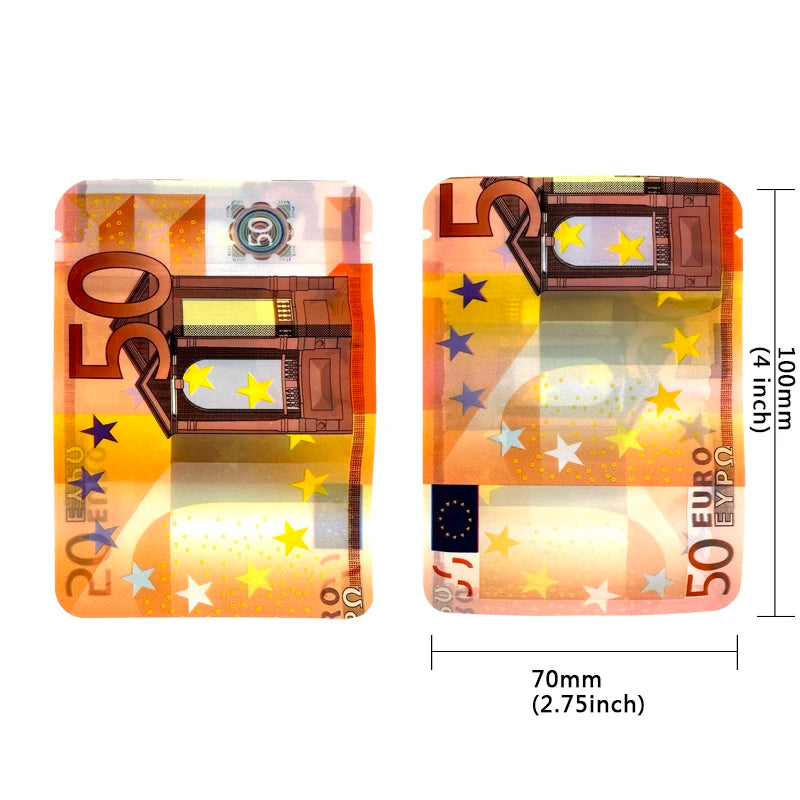 10€ 20€ 50€ 100€ 200€ 500€ Bills Paper Zip lock Bag Small Pouch With Clear Window 1-3.5G Mylar Small Bag Customized Design EURO