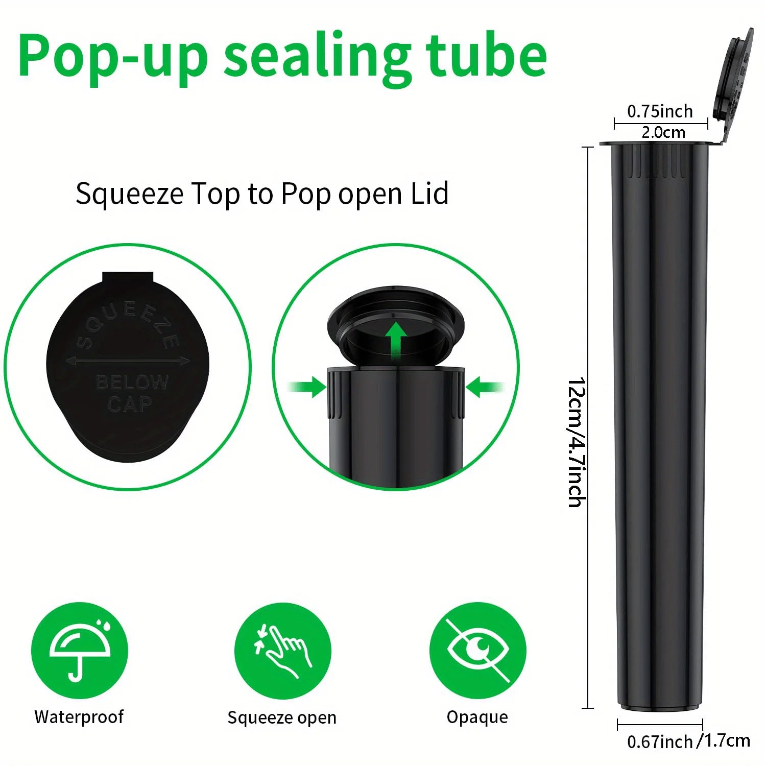 50 Pack Black King-Size Plastic Tube with Squeeze Pop Top Caps Child Resistant Storage Tube Holder Waterproof